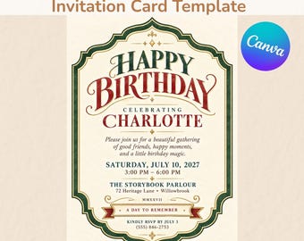 Einladungsvorlage für einen Geburtstag in Grün und Gold, elegante Vintage-Einladung für Kinderpartys, bearbeitbar, Canva-Vorlage, digitaler Download, 5x7 Zoll + Mobilgeräte