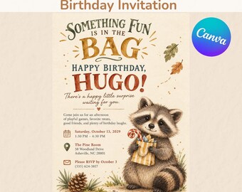 Geburtstagseinladungsvorlage mit Waschbärmotiv, bearbeitbare Canva-Einladung mit Waldtiermotiv, digitaler Download, 5x7 Zoll + Mobilgeräte