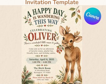 Einladungsvorlage für eine Geburtstagsfeier mit Elchmotiv im Wald, Aquarell-Tiermotiv für Kinderpartys, bearbeitbare Canva-Einladung, digitaler Download, 5x7 Zoll + Mobilgeräte