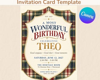 Einladungsvorlage im Vintage-Tartan-Design, klassische karierte Kinderparty-Einladung (bearbeitbar, Canva), digitaler Download, 5x7 Zoll + Mobilgeräte