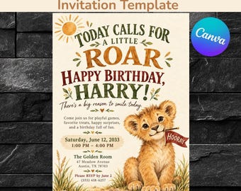 Löwengeburtstagseinladungsvorlage, Aquarell-Safari-Tier-Kinderparty-Einladung, bearbeitbare Canva-Vorlage, digitaler Download, 5x7 + Mobilgeräte