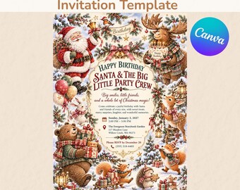Vorlage für eine weihnachtliche Waldgeburtstagseinladung mit Weihnachtsmann und Waldtieren (bearbeitbare Canva-Datei)