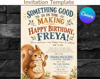 Einladungsvorlage für einen Eichhörnchengeburtstag, Wald-Backparty-Einladung für Kinder (bearbeitbar, Canva), digitaler Download, 5x7 Zoll + Mobilgeräte