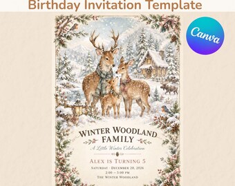 Einladungsvorlage für eine Geburtstagsfeier mit Reh-Familie im Winterwald (Canva-Download)