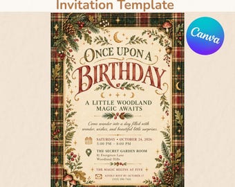 Einladungsvorlage für einen Geburtstag im Wald-Märchen-Stil, bearbeitbare Canva-Einladung für Kinder, digitaler Download, 5x7 Zoll + Mobilgeräte