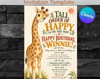 Giraffen-Geburtstagseinladungsvorlage, Aquarell-Safari-Tier-Kinderparty-Einladung, bearbeitbare Canva-Vorlage, digitaler Download, 5x7 + Mobilgeräte
