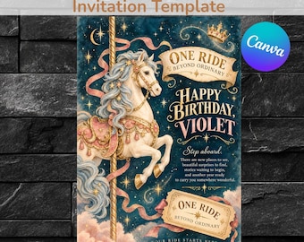 Karussell-Geburtstagseinladungsvorlage, Magische Pferde-Fantasie-Kinderparty-Einladung (bearbeitbar, Canva), Digitaler Download, 5x7 + Mobil