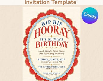 Vintage-Geburtstagseinladungsvorlage mit gewelltem Rand, rot-blaue Kinderparty-Einladung, bearbeitbar, Canva-Vorlage, digitaler Download, 5x7 + Mobilgeräte