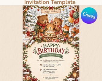 Vorlage für eine weihnachtliche Waldgeburtstagseinladung, bearbeitbare Canva-Einladung mit Bären- und Waldtiermotiven (digitaler Download)