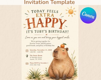 Geburtstagseinladung mit Capybara-Motiv, niedliche Tier-Einladung für Kinder (bearbeitbar, Canva), digitaler Download, 5x7 Zoll + Mobilgeräte
