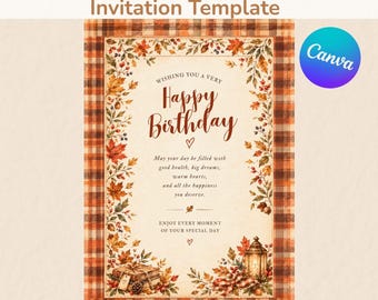 Bearbeitbare Vorlage für eine Geburtstagseinladung im Herbststil, Bilderbuchstil (Digitaler Download)