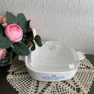 Vintage Corningware blue flower glass dish with lid - Stamped Collectible piece