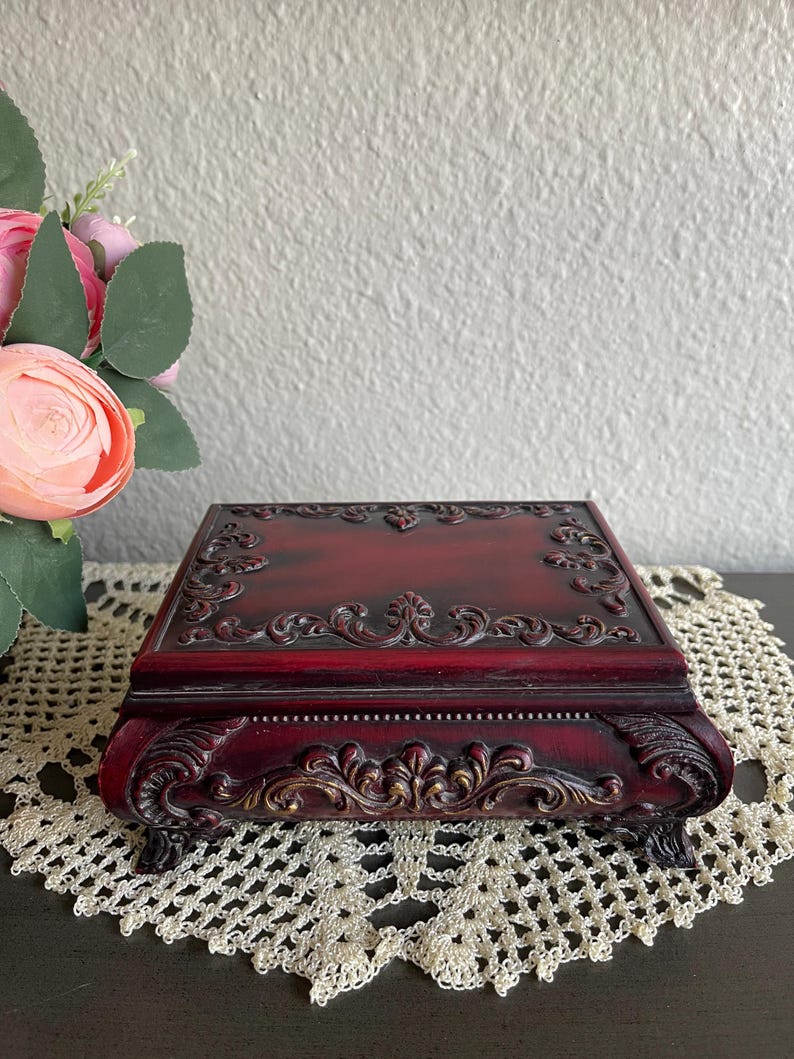 Scroll Work Box Antique Footed Lacquer Jewelry Box – Floral Scrollwork Trinket ...