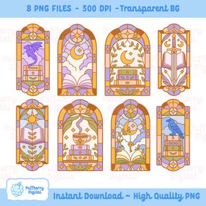 Könnte beinhalten: Acht digitale Illustrationen im Glasmalerei-Stil mit Fantasy-Motiven. Jedes Design enthält Bücher, Monde und Sterne in Lila-, Gelb- und Orangetönen. Der Text "8 PNG FILES - 300 DPI - Transparent BG" befindet sich oben.