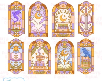 Stained Glass Fantasy Bookish PNG Bundle, Romantasy Reader Clipart, Fantasy Girlie Book Art Sticker, Girls Reading design, Digital Download