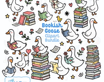 May include: A digital clipart bundle featuring cartoon geese reading books, holding flowers, and carrying scrolls. The text "Bookish Goose Clipart Bundle" is displayed in blue. Additional elements include stacks of books, hearts, and stars.