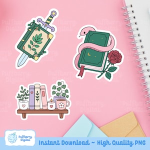 May include: A collection of whimsical stickers featuring a sword through a book, a snake coiled around a book with a rose, and a shelf with books, plants, a candle, and a mug. The stickers are in a cartoon style with a pink background.