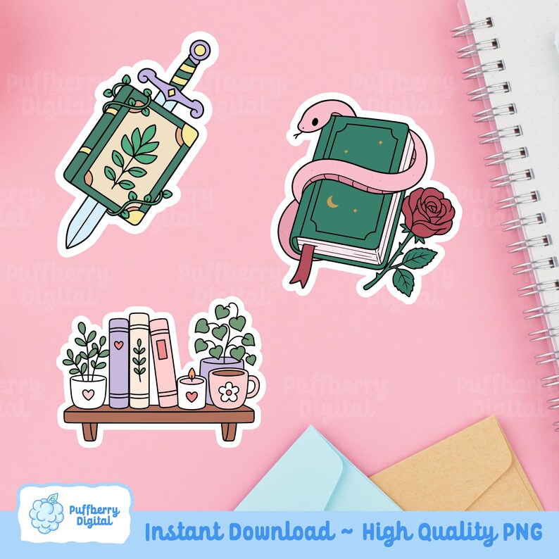 May include: A collection of whimsical stickers featuring a sword through a book, a snake coiled around a book with a rose, and a shelf with books, plants, a candle, and a mug. The stickers are in a cartoon style with a pink background.