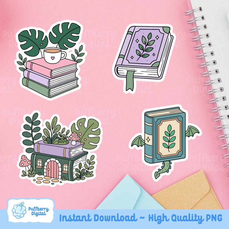 May include: Four whimsical sticker designs featuring books and nature elements. One shows a stack of books with a teacup, another a purple book with a green leaf, a third a book with a house, and the last a book with dragon wings. The text "Instant Download ~ High Quality PNG" is at the bottom.