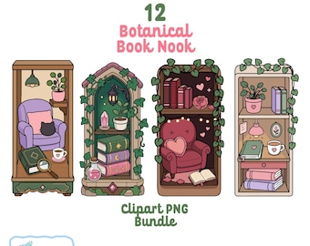 Botanical Book Nook PNG Bundle, Trendy Bookish Clipart, Design for Stickers, Bookish Commercial Use Png, Digital Download