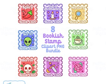 May include: A collection of eight bookish stamp clipart PNG files. Each stamp features a different genre, including Spicy, Dark Romance, Mystery, Sci-Fi, Cozy, Horror, Fantasy, and Romance. The stamps are in various colors with the text "Book Club".