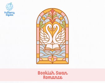 May include: A stained-glass style illustration featuring two white swans facing each other over an open book. The design includes pink, yellow, blue, and green accents. The text "Bookish Swan Romance" is below the image.