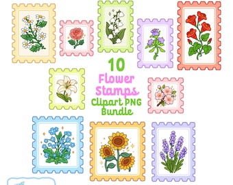 May include: A collection of ten colorful flower stamp designs in a variety of shapes and sizes. Each stamp features a different flower illustration, including daisies, roses, lilies, and sunflowers. The text "10 Flower Stamps Clipart PNG Bundle" is also visible.