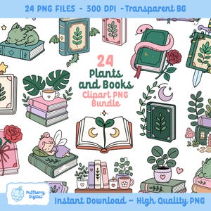 May include: A collection of 24 whimsical clipart images featuring books and plants. The illustrations include a sleeping fairy, a dragon, a snake, and various books with floral and botanical designs. The text reads "24 Plants and Books Clipart PNG Bundle."