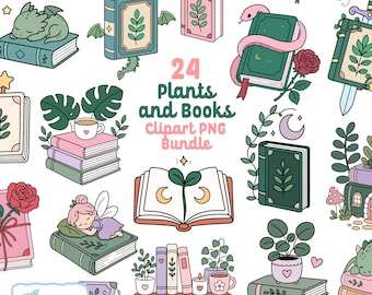 May include: A collection of 24 whimsical clipart images featuring books and plants. The illustrations include a sleeping fairy, a dragon, a snake, and various books with floral and botanical designs. The text reads "24 Plants and Books Clipart PNG Bundle."