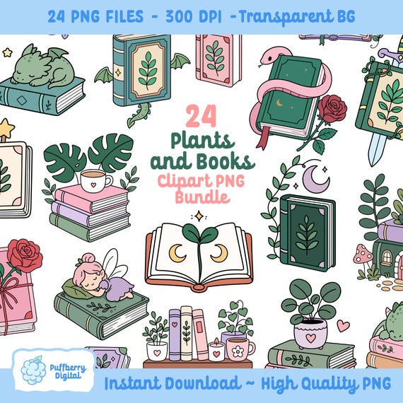 Plants and Books Clipart Bundle PNG, Bookish Girlie Clipart Png Bundle, Fantasy reader png, Girls Reading pastel design, Digital Download