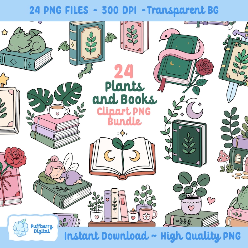 May include: A collection of 24 whimsical clipart images featuring books and plants. The illustrations include a sleeping fairy, a dragon, a snake, and various books with floral and botanical designs. The text reads "24 Plants and Books Clipart PNG Bundle."