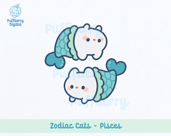 May include: A digital illustration of two white cat-like creatures with teal and light green fish tails, arranged in a circular motion. The text reads 300 DPI - Transparent BG, Puffberry Digital, Zodiac Cats - Pisces, and Instant Download - High Quality PNG.