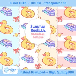 Summer Bookish Seamless Pattern PNG Bundle, Summer Duck Couqette Repeat Pattern Design, Summer Reader Sublimation (Digital Download)