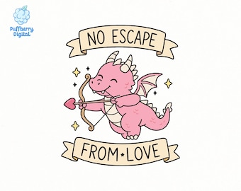 May include: A digital illustration of a pink dragon holding a bow and arrow, positioned between two beige banners with the text NO ESCAPE and FROM LOVE. The dragon has small wings, a spiked tail, and is surrounded by four small yellow stars.