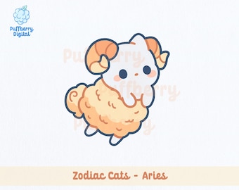 May include: A digital illustration of a white cat with orange ram horns and a fluffy orange body, representing the Aries zodiac sign. The image includes the text Puffberry Digital, 300 DPI - Transparent BG, Zodiac Cats - Aries, and Instant Download - High Quality PNG.