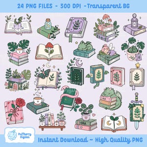 May include: A collection of 24 whimsical illustrations featuring books with various decorative elements. The images include open and closed books with dragons, fairies, plants, and other fantasy-themed designs. The text in the image says "24 PNG FILES - 300 DPI - Transparent BG" and "Instant Download ~ High Quality PNG".