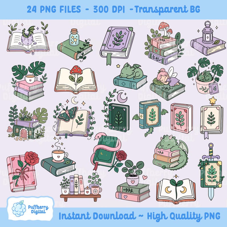 May include: A collection of 24 whimsical illustrations featuring books with various decorative elements. The images include open and closed books with dragons, fairies, plants, and other fantasy-themed designs. The text in the image says "24 PNG FILES - 300 DPI - Transparent BG" and "Instant Download ~ High Quality PNG".