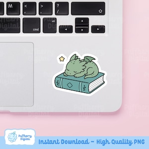 May include: A green dragon sticker sleeping on a blue book with a star. The sticker is on a laptop. The text "Instant Download ~ High Quality PNG" is at the bottom.