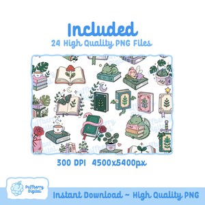 May include: A collection of whimsical illustrations featuring books, dragons, fairies, and plants. The image includes the text "Included 24 High Quality PNG Files" and "Instant Download ~ High Quality PNG". The illustrations are in a variety of colors and styles.