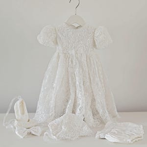 Pearl Beaded Lace Short Christening Dress Baby Girl Baptism Dress Flower Girl Dress Chantilly Lace/Bonnet/Booties image 1