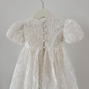 Pearl Beaded Lace Short Christening Dress Baby Girl Baptism Dress Flower Girl Dress Chantilly Lace/Bonnet/Booties image 6