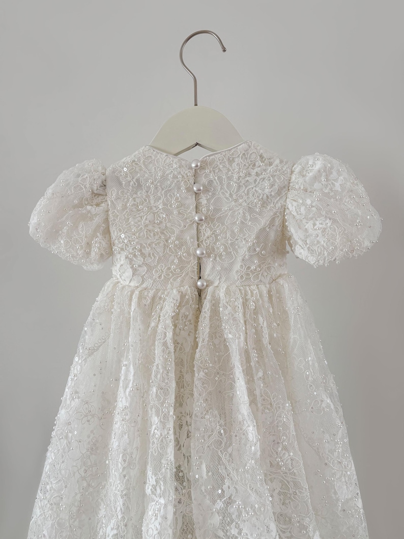 Pearl Beaded Lace Short Christening Dress Baby Girl Baptism Dress Flower Girl Dress Chantilly Lace/Bonnet/Booties image 6