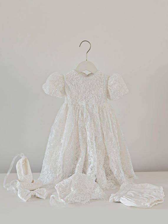 Pearl Beaded Lace Short Christening Dress Baby Girl Baptism Dress Flower Girl Dress Chantilly Lace/Bonnet/Booties