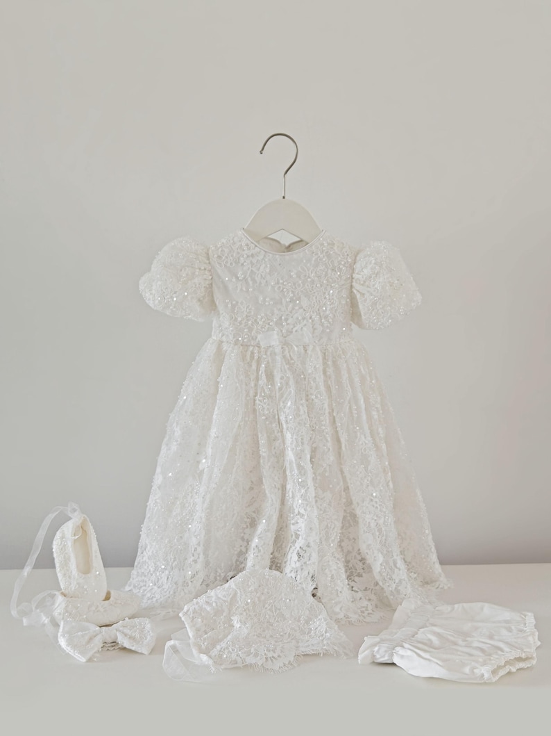 Pearl Beaded Lace Short Christening Dress Baby Girl Baptism Dress Flower Girl Dress Chantilly Lace/Bonnet/Booties image 1