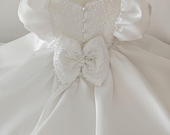 Vestido curto de batizado com mangas curtas e renda de pérola em mikado, vestido de batismo para menina, vestido de florista, vestido de comunhão