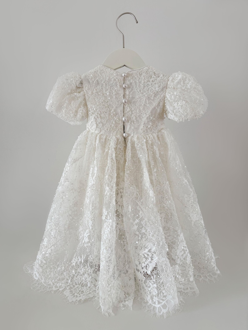 Pearl Beaded Lace Short Christening Dress Baby Girl Baptism Dress Flower Girl Dress Chantilly Lace/Bonnet/Booties image 7