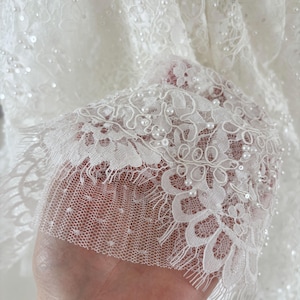 Pearl Beaded Lace Short Christening Dress Baby Girl Baptism Dress Flower Girl Dress Chantilly Lace/Bonnet/Booties image 3