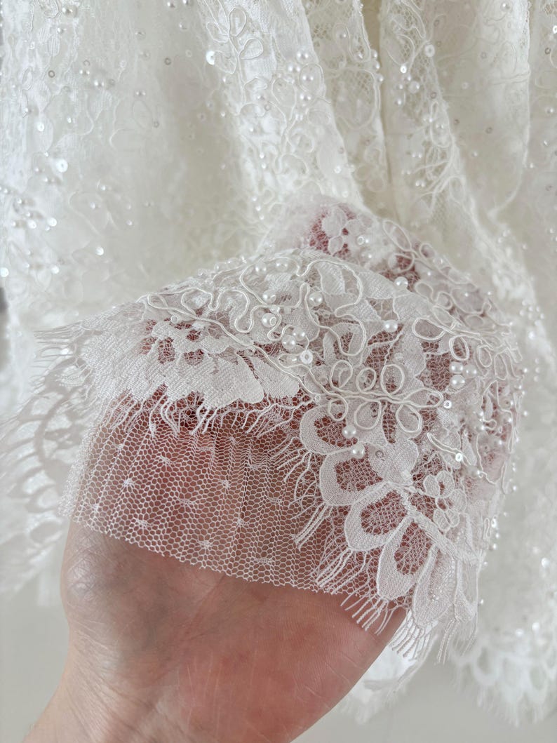 Pearl Beaded Lace Short Christening Dress Baby Girl Baptism Dress Flower Girl Dress Chantilly Lace/Bonnet/Booties image 3
