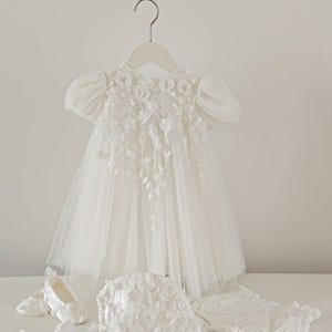 Short Beaded Lace Tulle Christening Dress Baptism Dress Flower Girl Dress Communion Dress Baby Girl Dress Christening Outfit