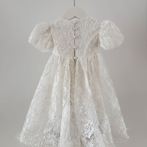 Pearl Beaded Lace Short Christening Dress Baby Girl Baptism Dress Flower Girl Dress Chantilly Lace/Bonnet/Booties image 5